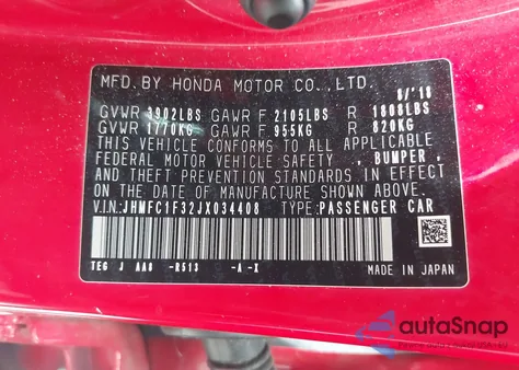 2018 Honda Civic Ex-T из США, поврежденный, VIN JHMFC1F32JX034408